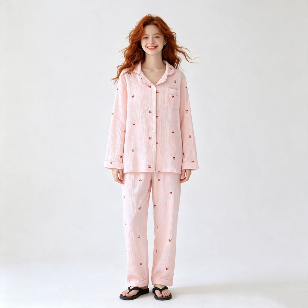 Women's Cotton Cartoon Lapel Pajama Set