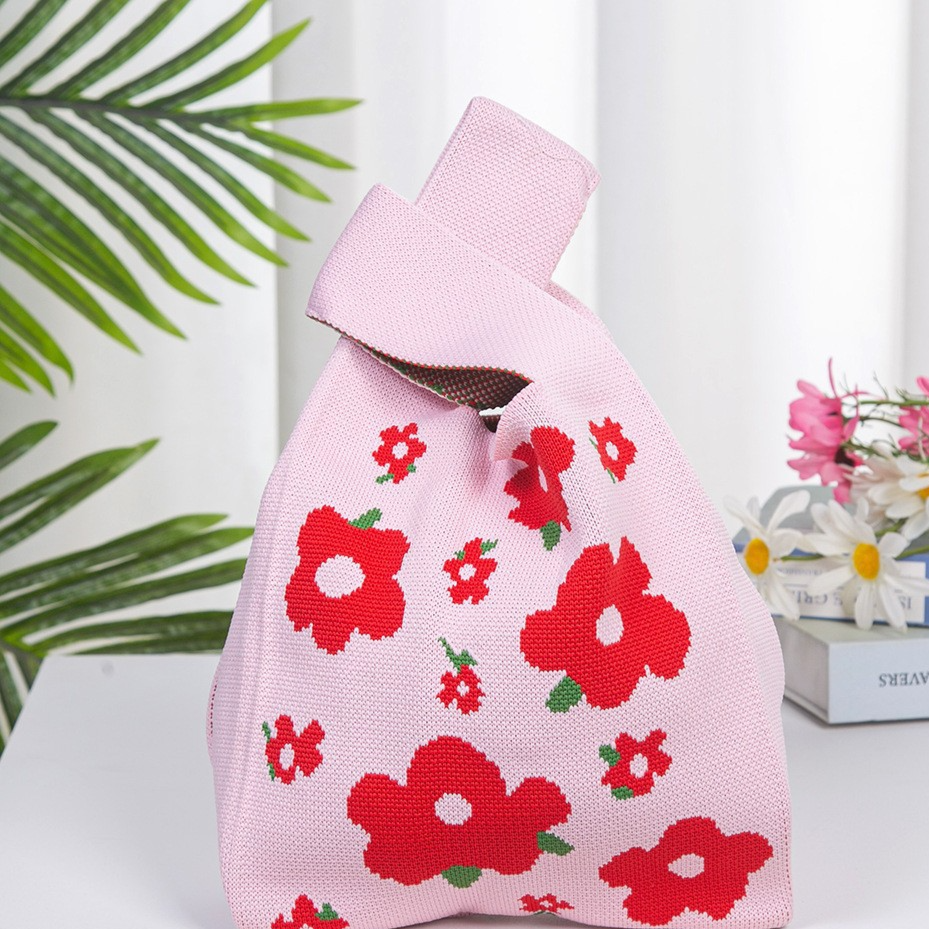 Knitted Woven Handbag with Floral Patterns