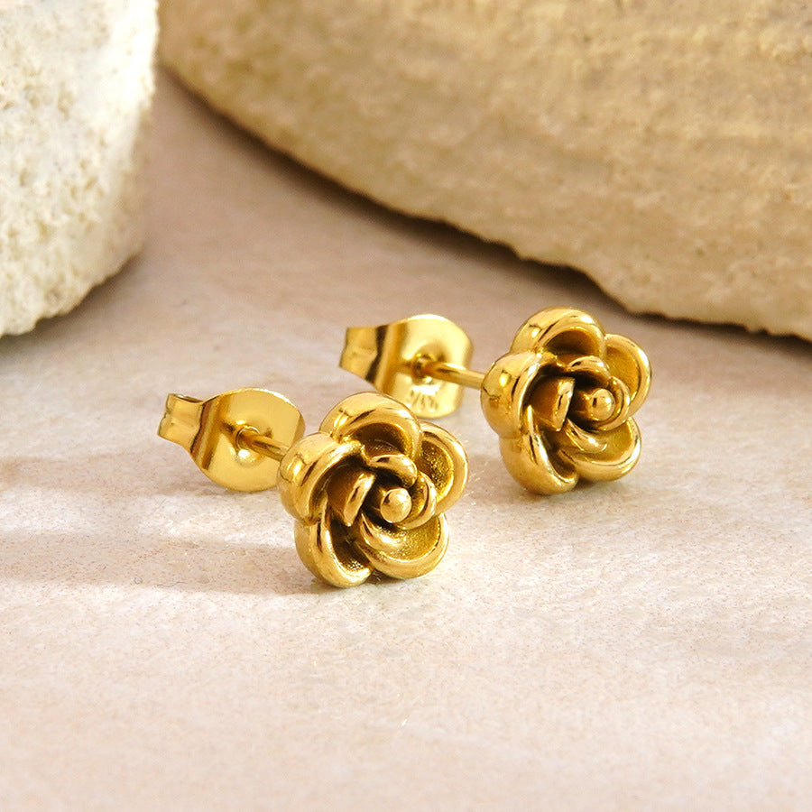 Stainless Steel Flower Necklace and Earring Set French Retro Gold Plated Jewelry
