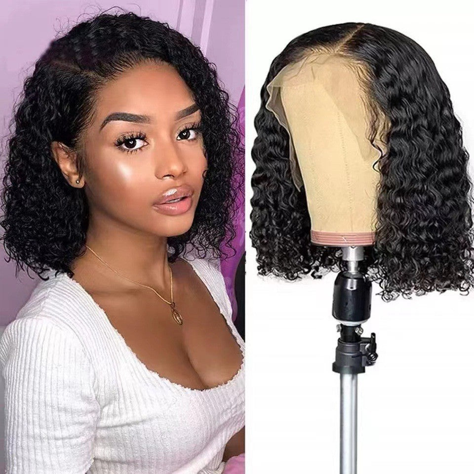 Black mid-part short curly hair