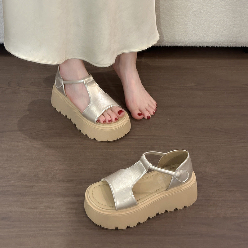 Genuine Leather Platform Sandals for Short Women, Open-Toe Beach Roman Shoes