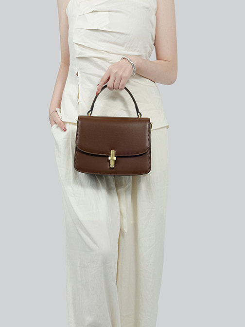 Metal buckle genuine leather small square handbag