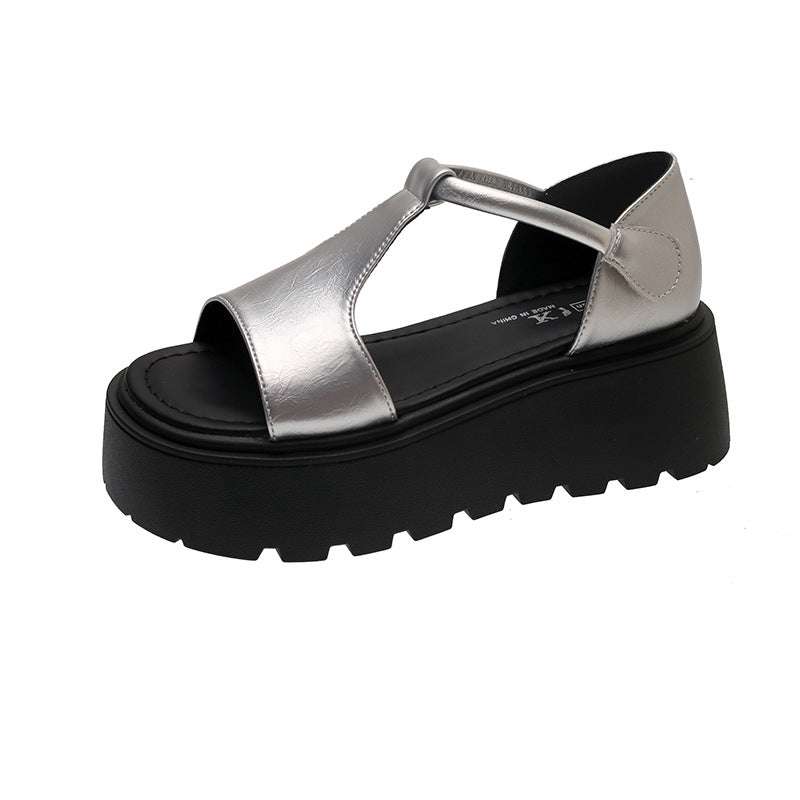 Genuine Leather Platform Sandals for Short Women, Open-Toe Beach Roman Shoes