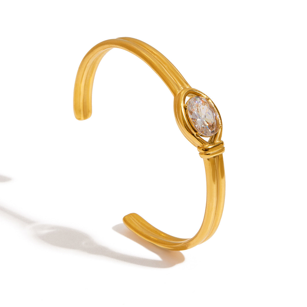 Stainless Steel, White Zircon, Double-Layered Open Stainless Steel Bracelet