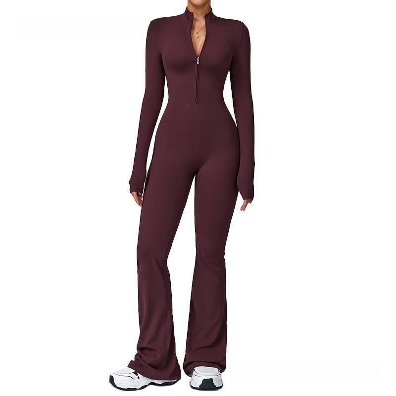 Tight Zip Up Dance Yoga Jumpsuit Flared Pants