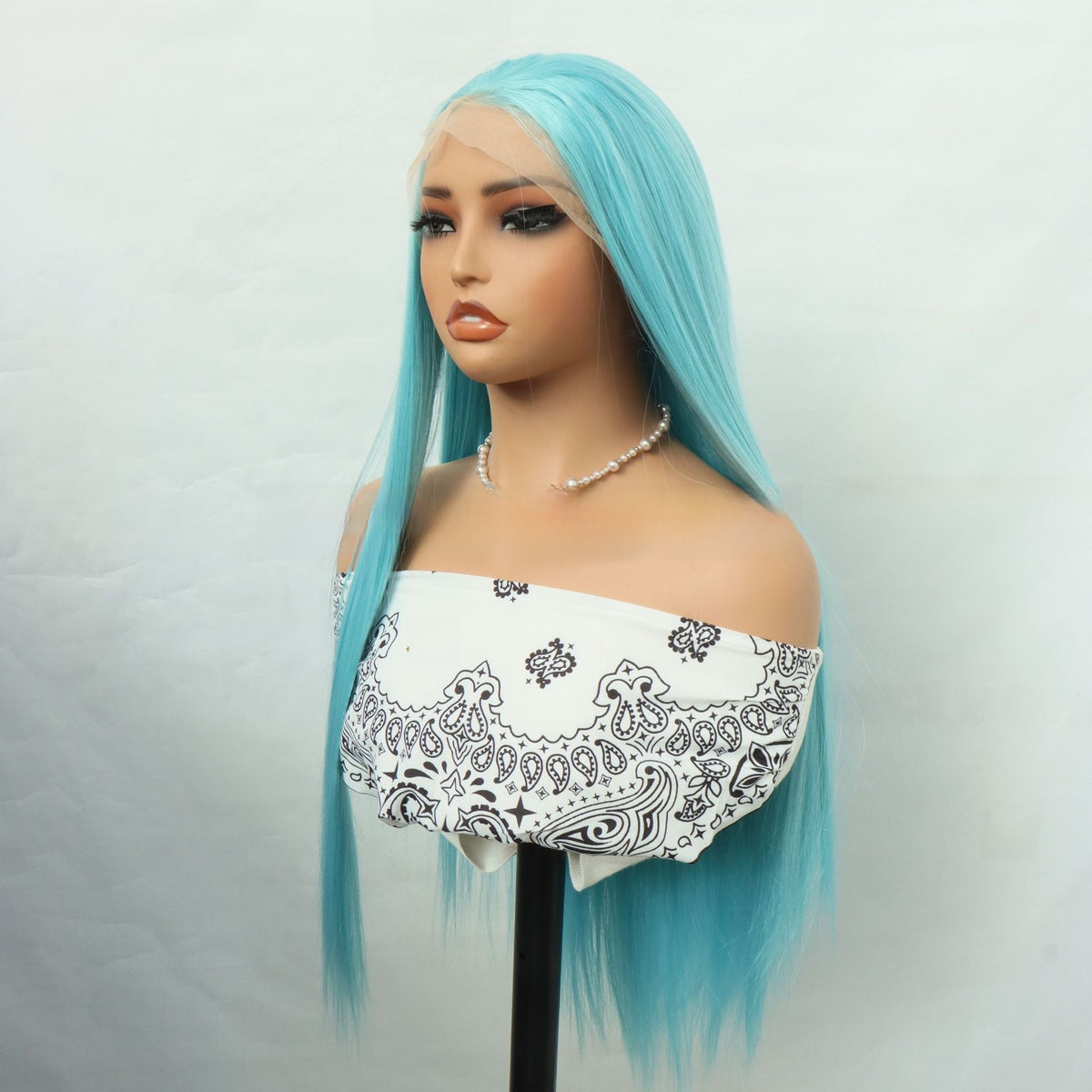 Front Lace Hand Knotted Wig Blue Long Straight High Temperature Fiber