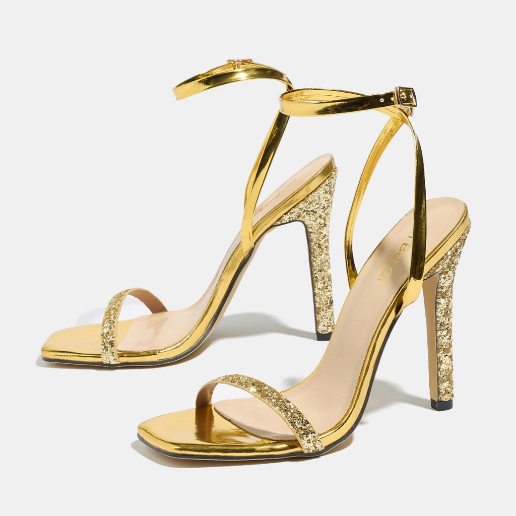 Womens Square Toe Sequin Stiletto Sandals