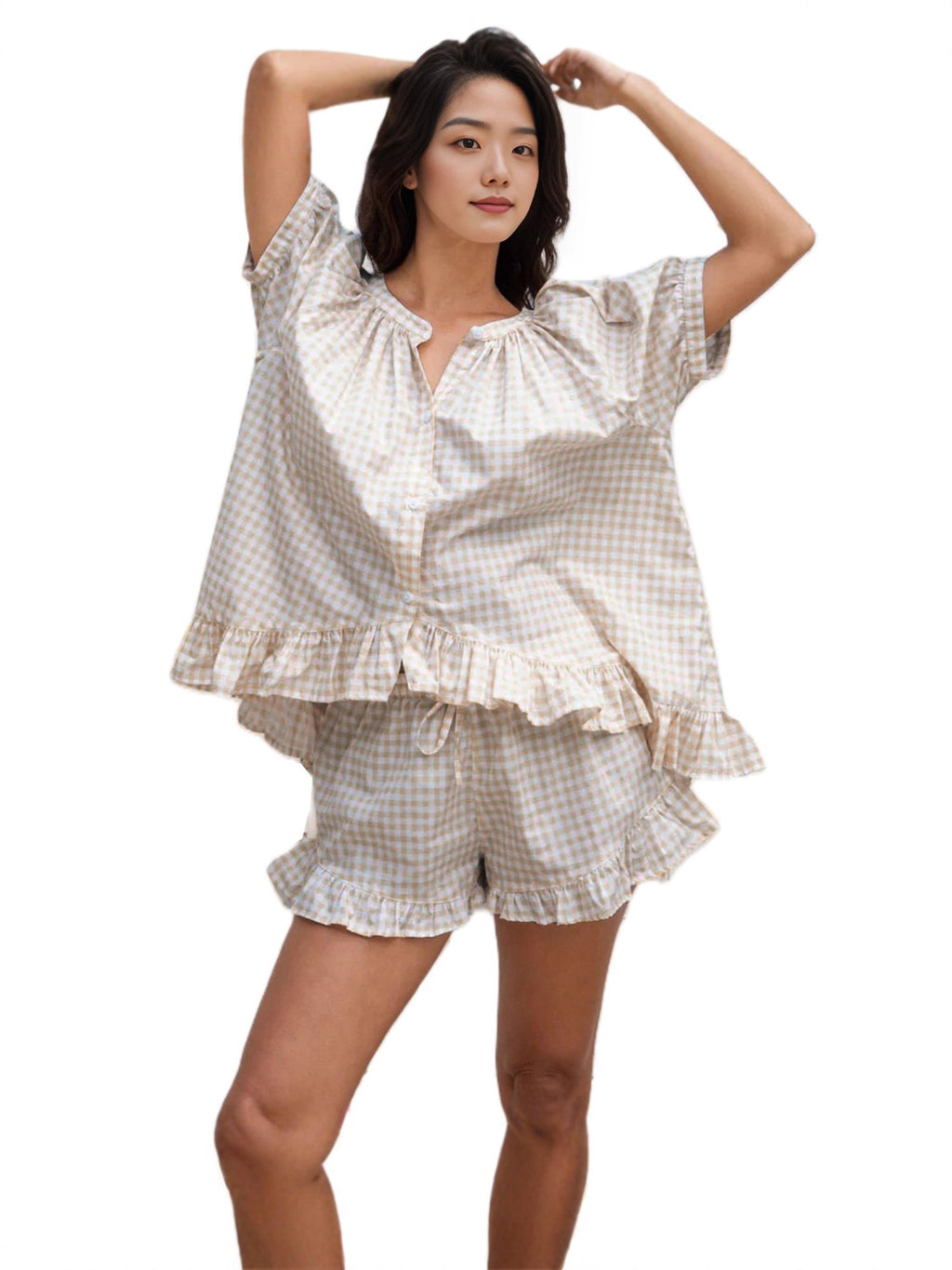 Womens Plaid Pajama Set with Ruffle Detail