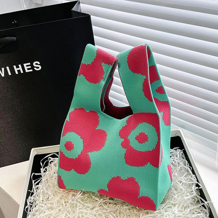 Knitted Woven Handbag with Floral Patterns
