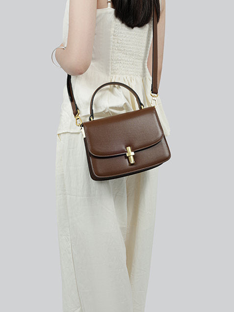 Metal buckle genuine leather small square handbag