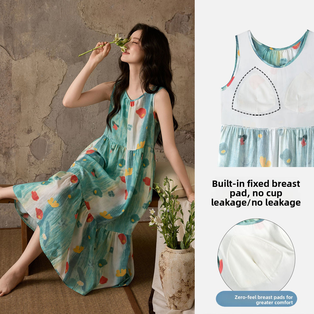 Womens Sleeveless Nightgown With Chest Pad