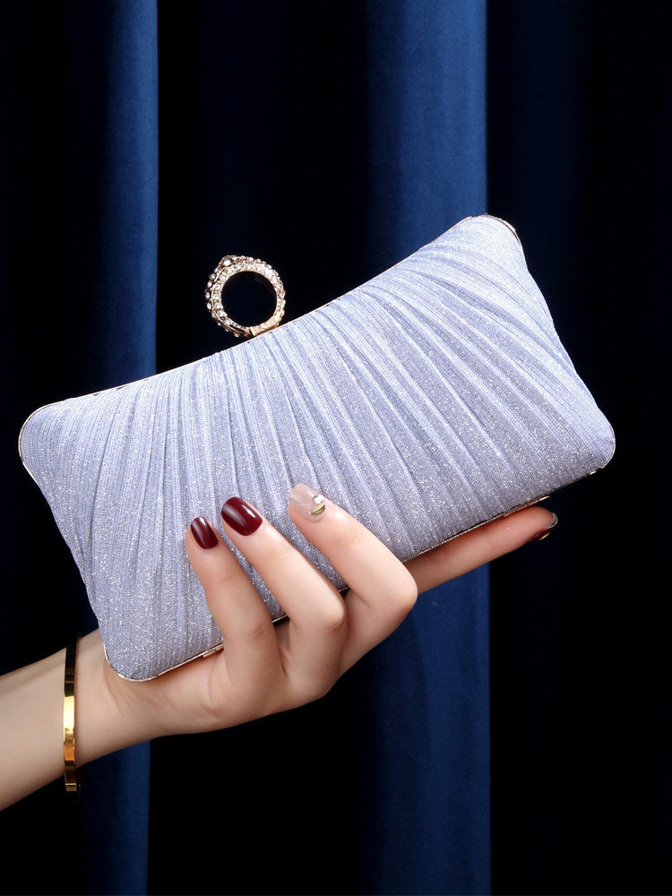 Pleated Shimmer Evening Clutch Bag with Ring Detail
