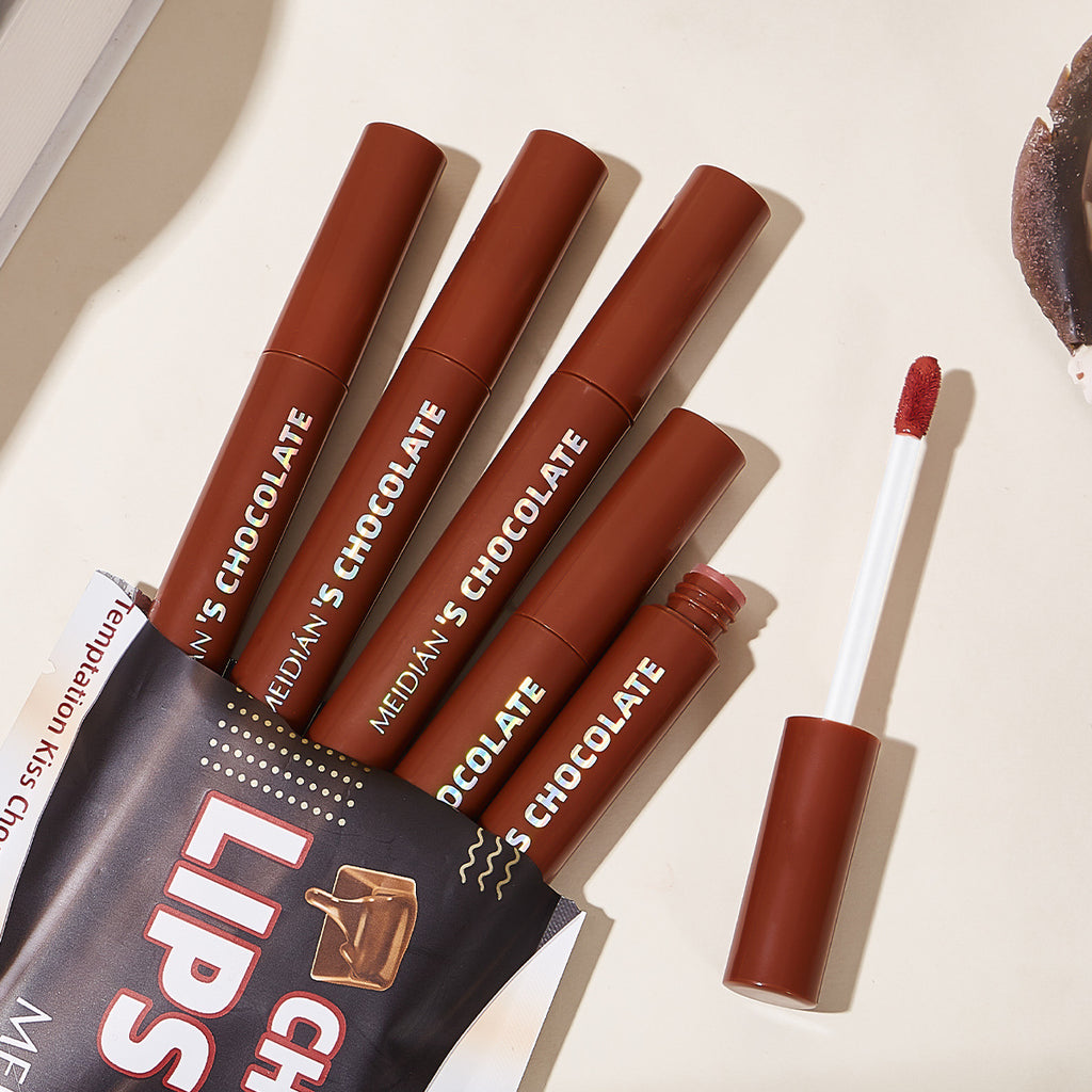 5-piece set of chocolate lip gloss with matte and glossy finish and satin texture