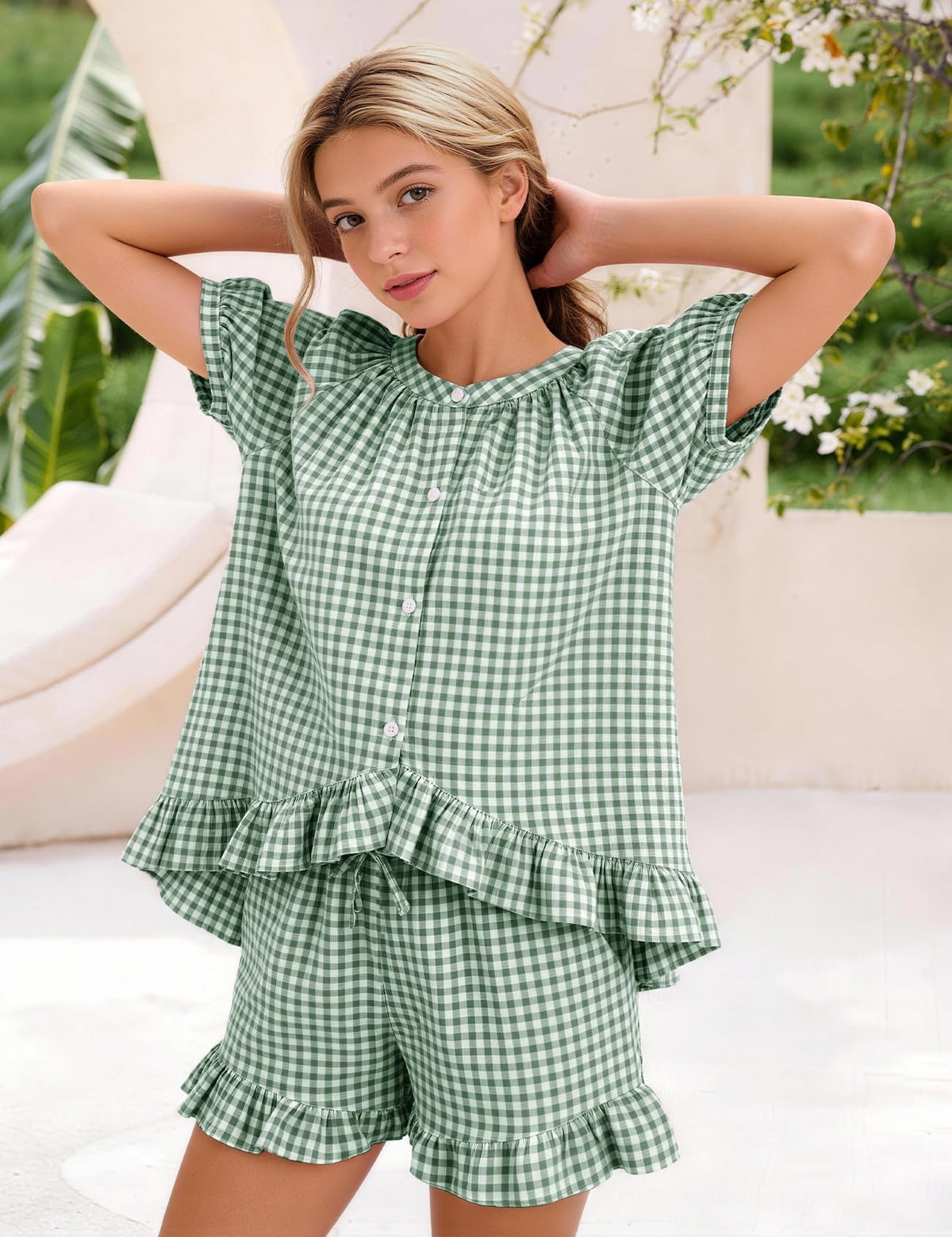 Womens Plaid Pajama Set with Ruffle Detail