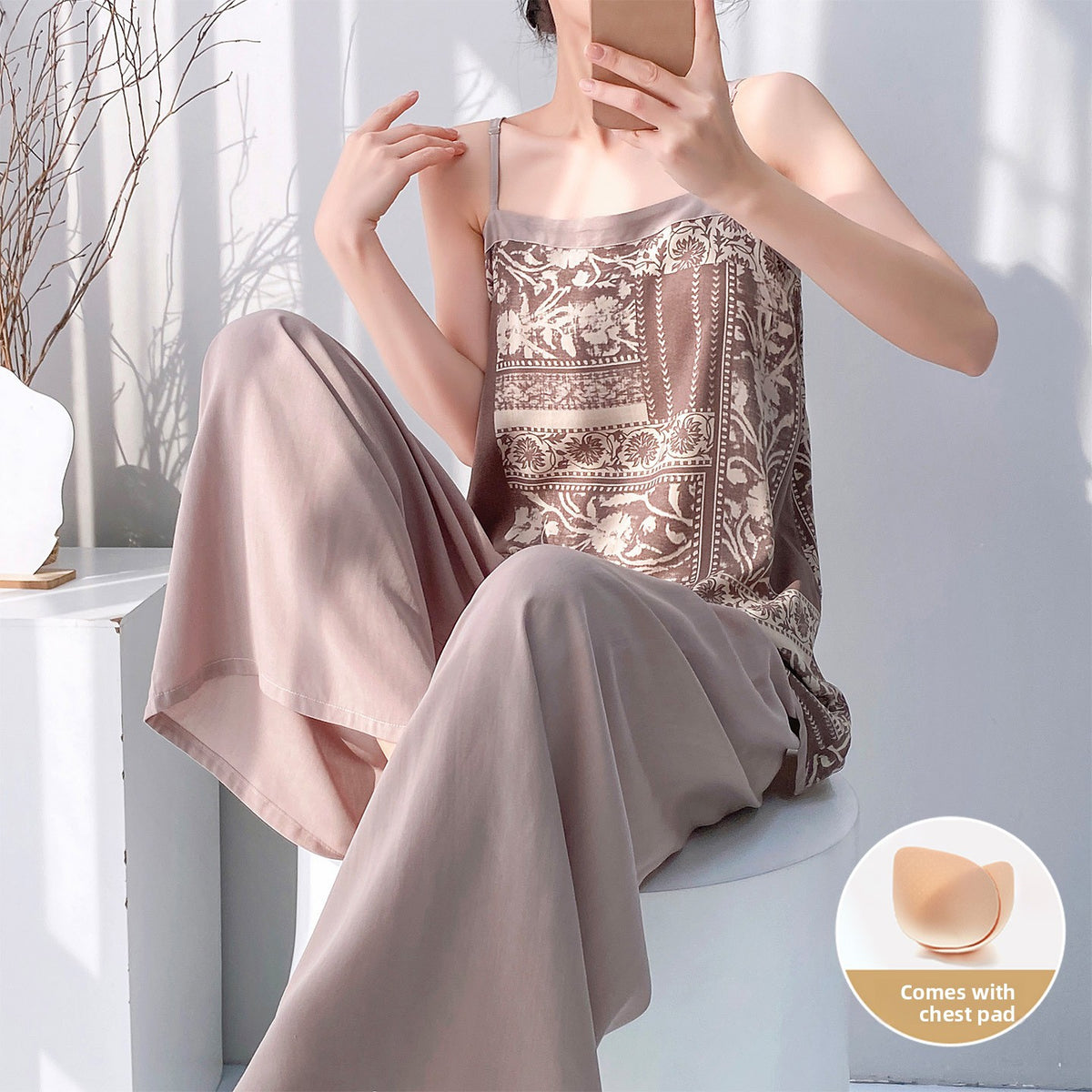 Cotton Silk Pajama Set with Strapless Camisole