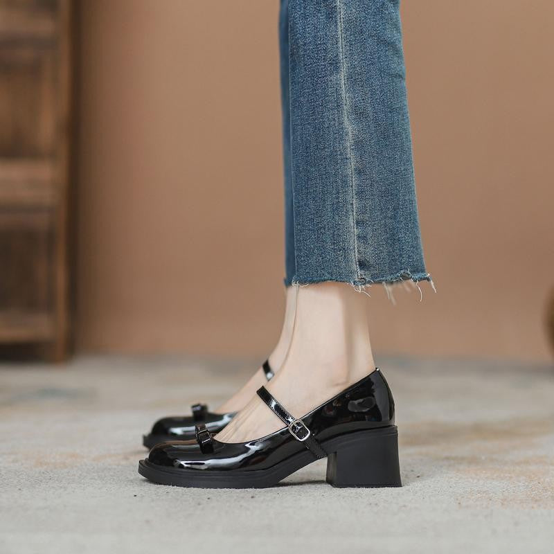 Women's Leather Buckle Heeled Shoes