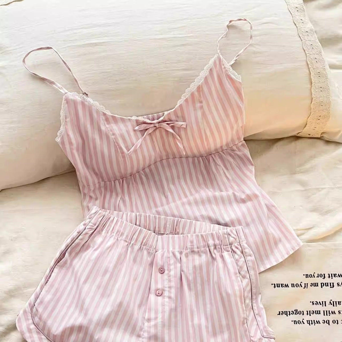 Pink Striped Bow Pajama Set for Women