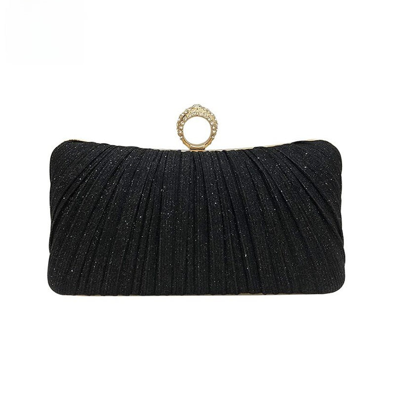 Pleated Shimmer Evening Clutch Bag with Ring Detail