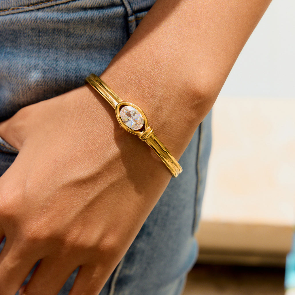 Stainless Steel, White Zircon, Double-Layered Open Stainless Steel Bracelet