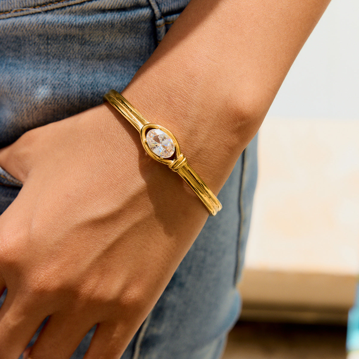 Stainless Steel, White Zircon, Double-Layered Open Stainless Steel Bracelet