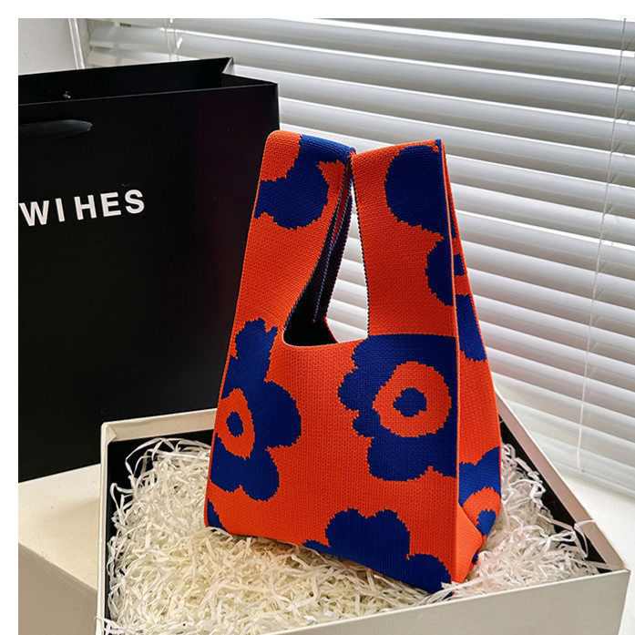 Knitted Woven Handbag with Floral Patterns