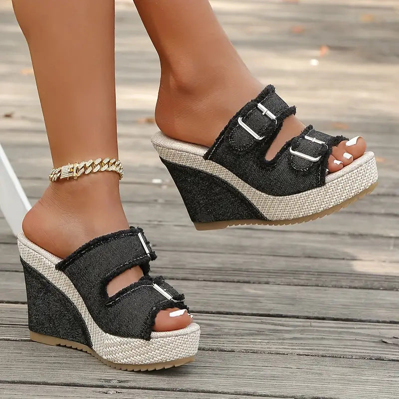 Womens Thick Sole Wedge Sandals Open Toe Denim Casual