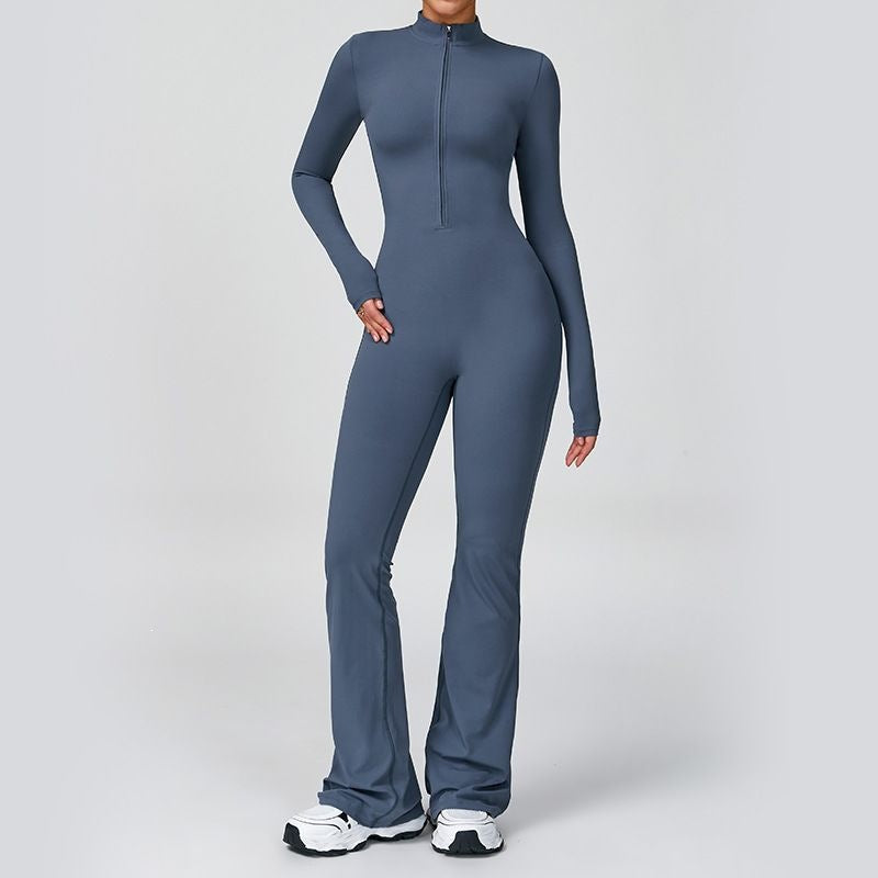 Tight Zip Up Dance Yoga Jumpsuit Flared Pants