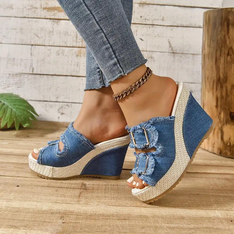 Womens Thick Sole Wedge Sandals Open Toe Denim Casual