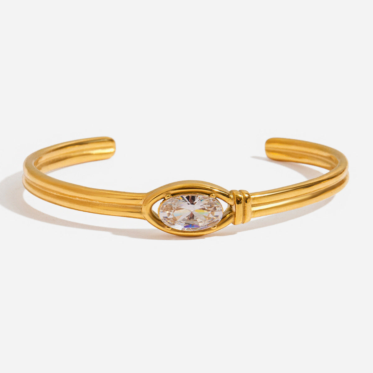 Stainless Steel, White Zircon, Double-Layered Open Stainless Steel Bracelet