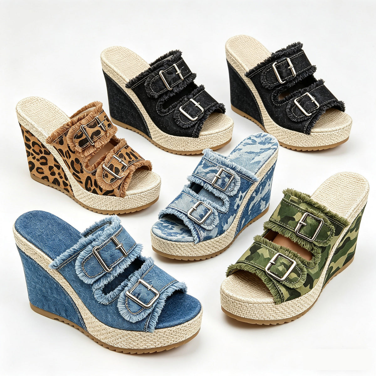 Womens Thick Sole Wedge Sandals Open Toe Denim Casual