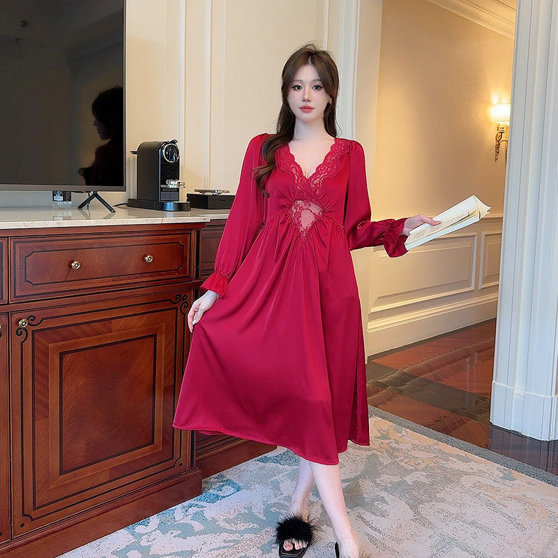 Women's Vintage Court Style Long Nightgown Ice Silk Pajamas