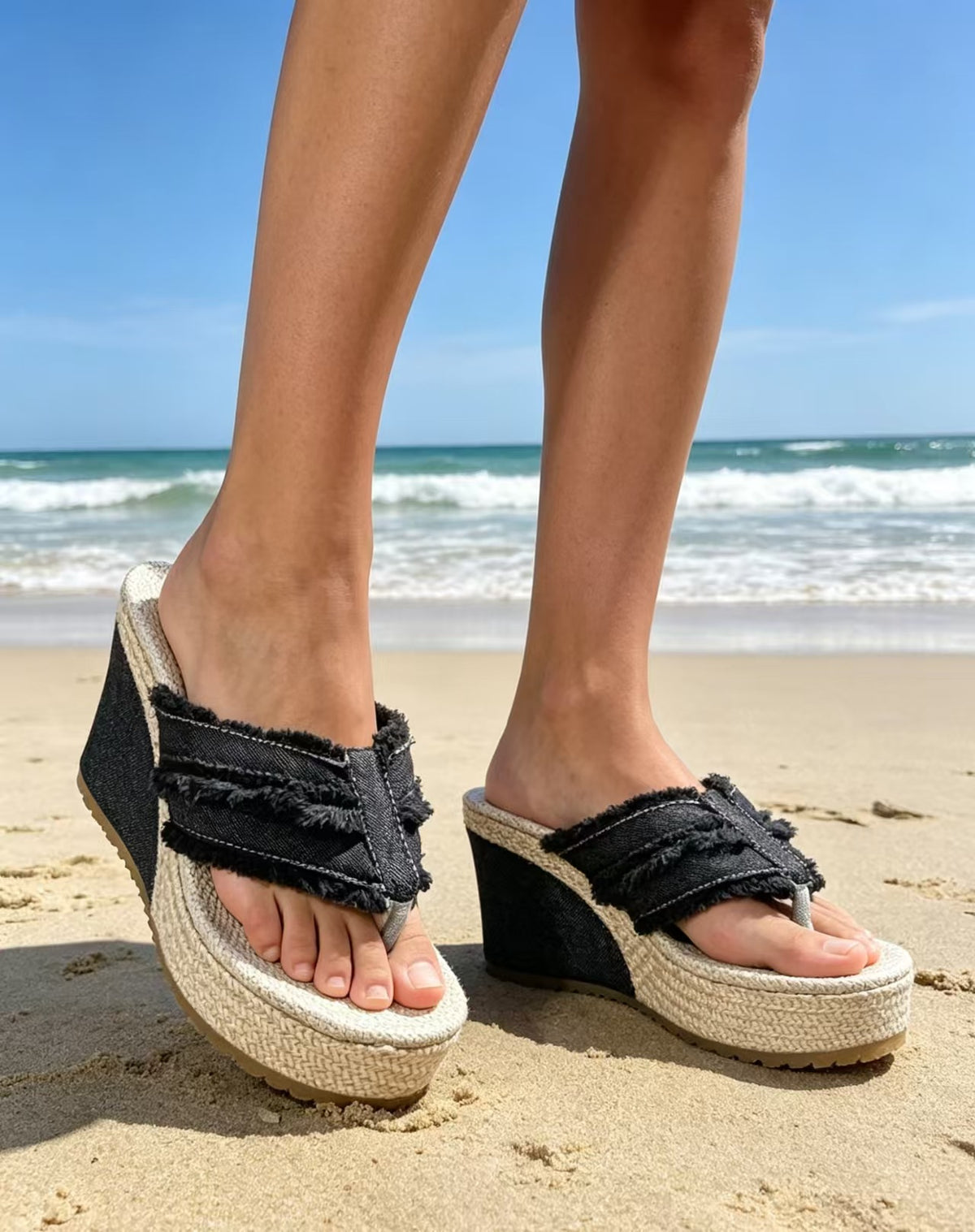 Womens Thick Sole Wedge Sandals Open Toe Denim Casual