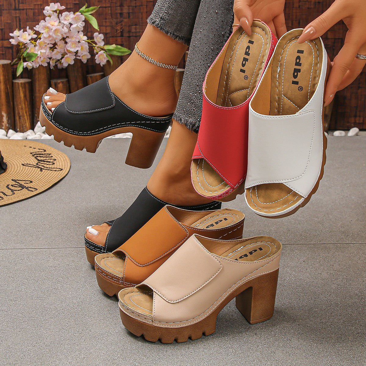 Platform Peep-Toe Sandals with Thick Heel