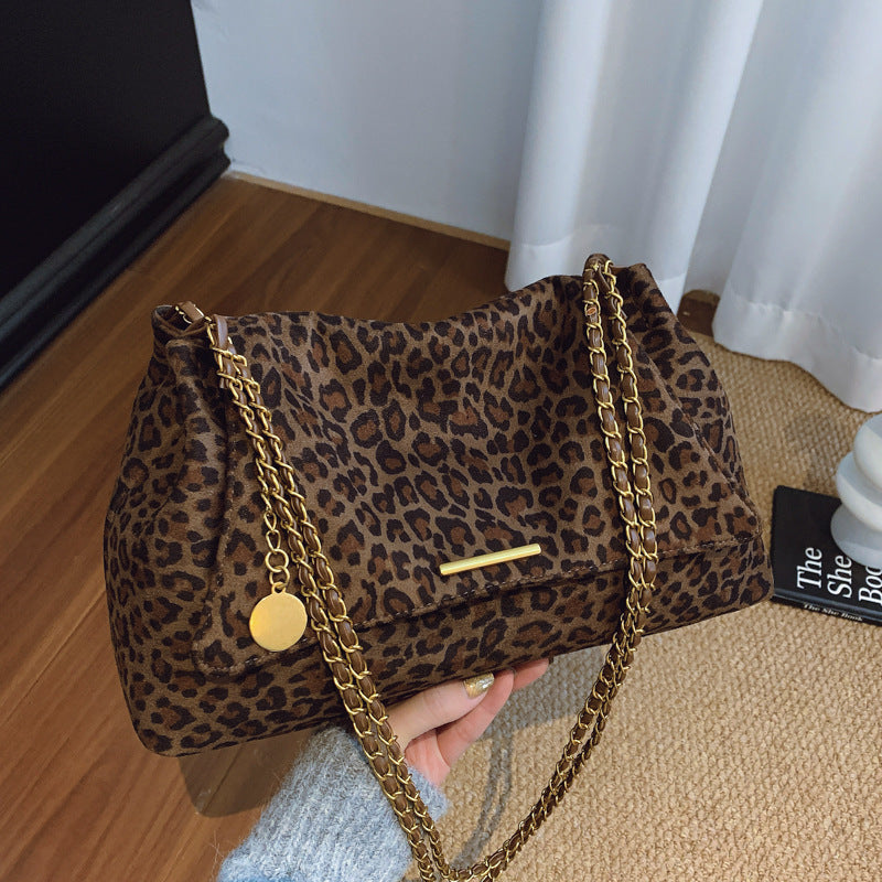 Leopard Print Suede Tote Bag with Chain Strap