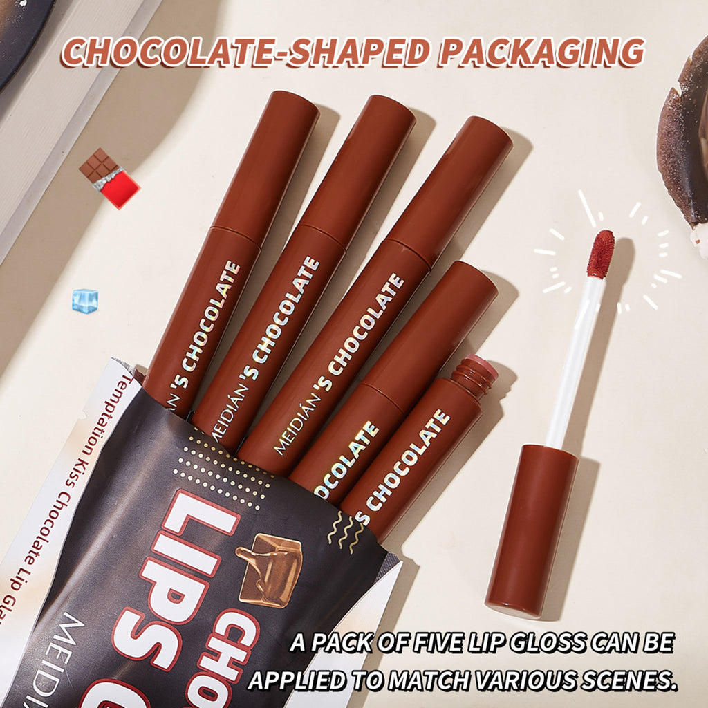 5-piece set of chocolate lip gloss with matte and glossy finish and satin texture