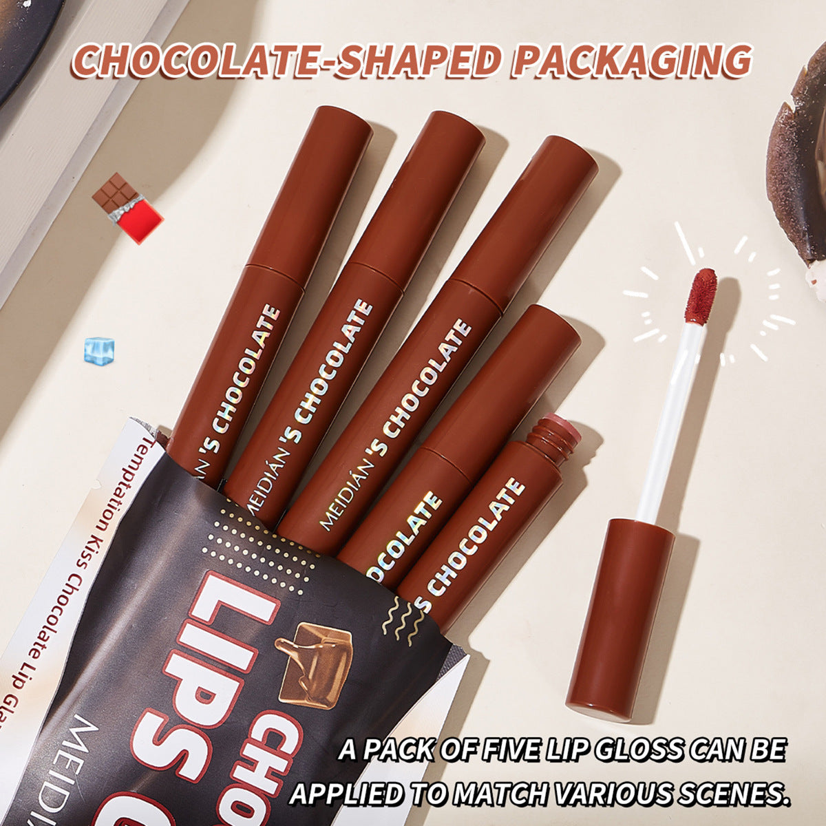 5-piece set of chocolate lip gloss with matte and glossy finish and satin texture