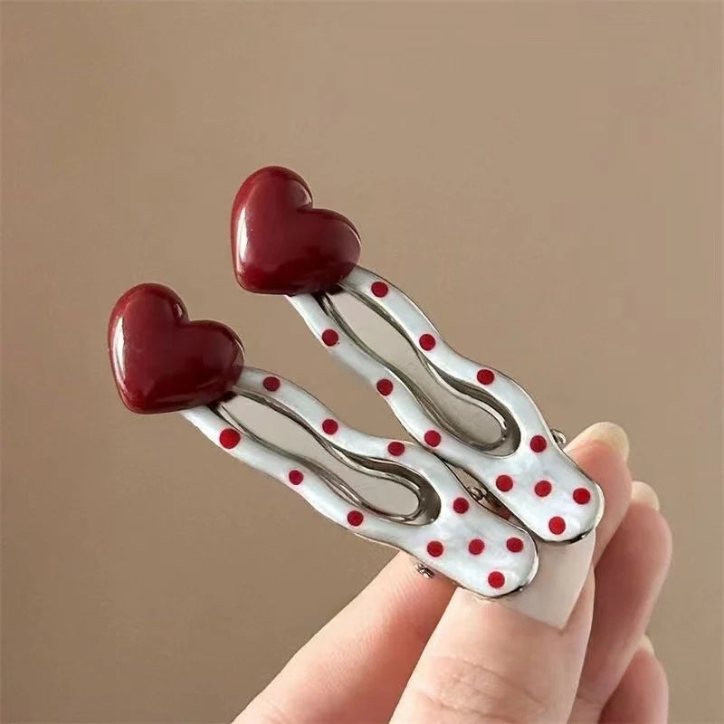 3pcs Red heart-shaped cherry polka dot hairpin