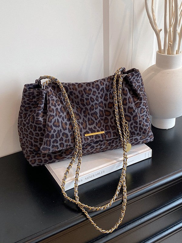 Leopard Print Suede Tote Bag with Chain Strap