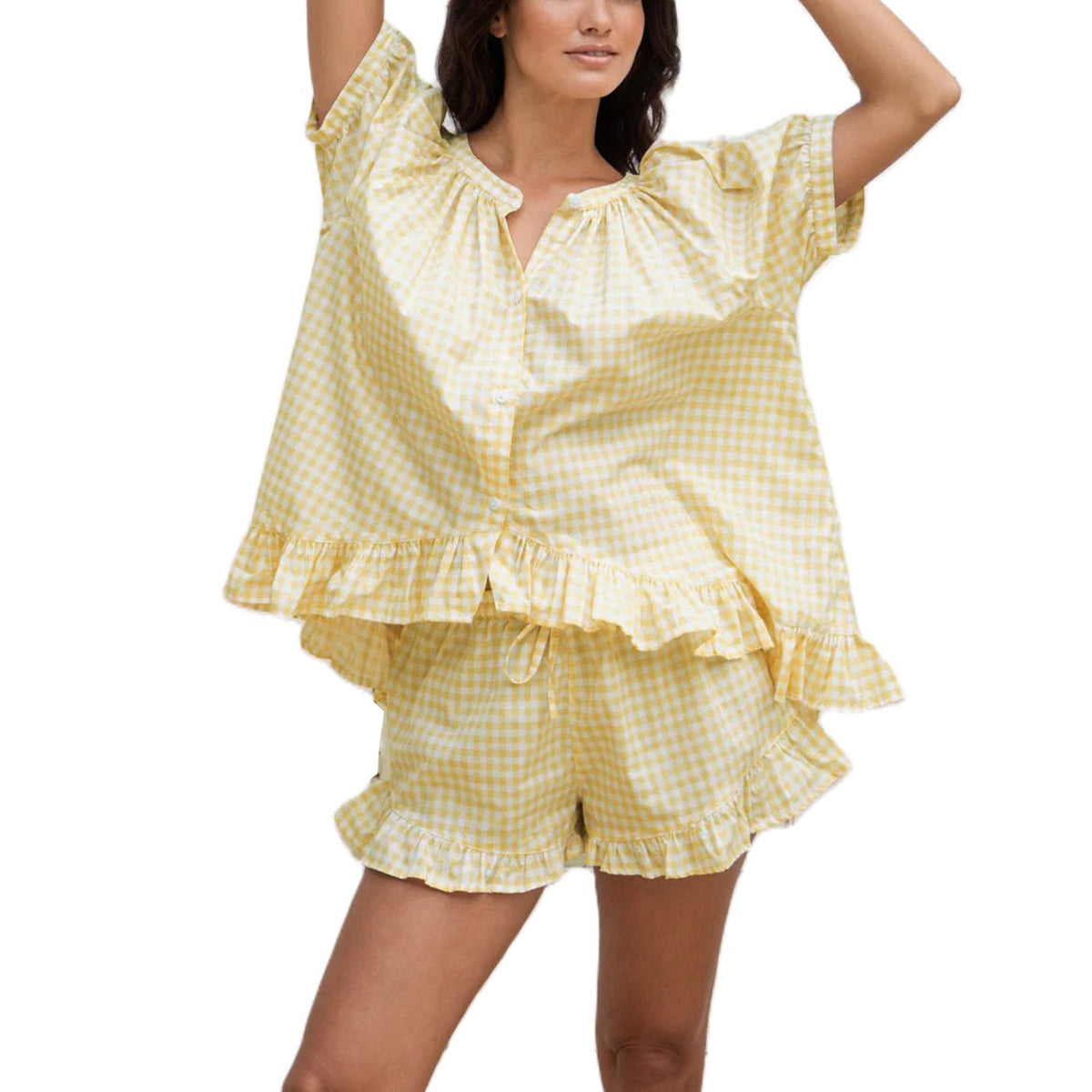 Womens Plaid Pajama Set with Ruffle Detail