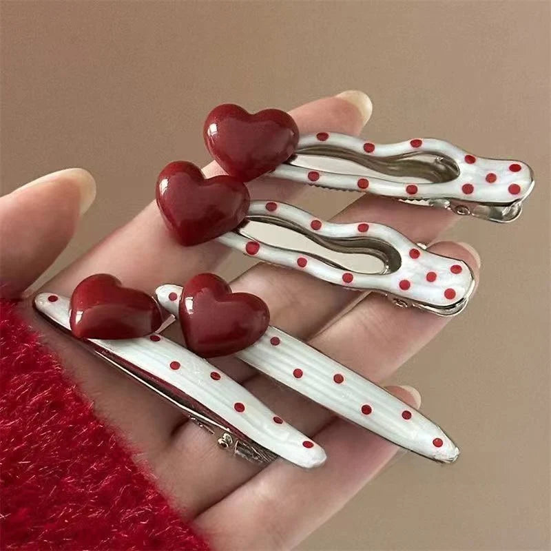 3pcs Red heart-shaped cherry polka dot hairpin