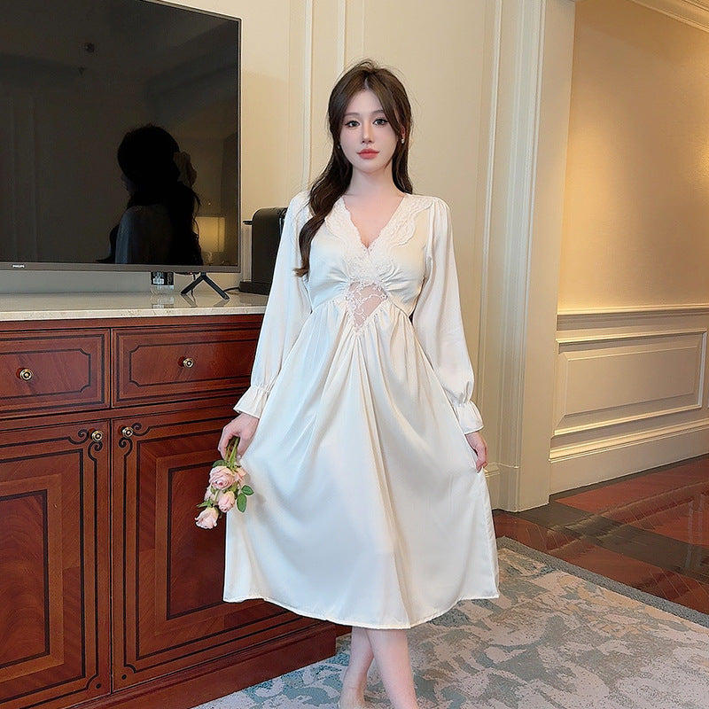 Women's Vintage Court Style Long Nightgown Ice Silk Pajamas