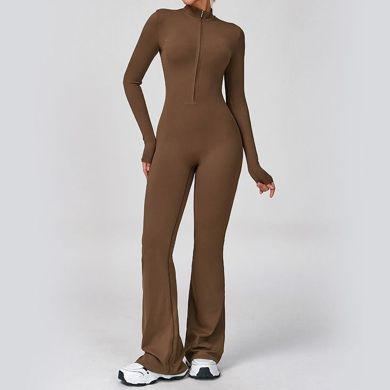 Tight Zip Up Dance Yoga Jumpsuit Flared Pants