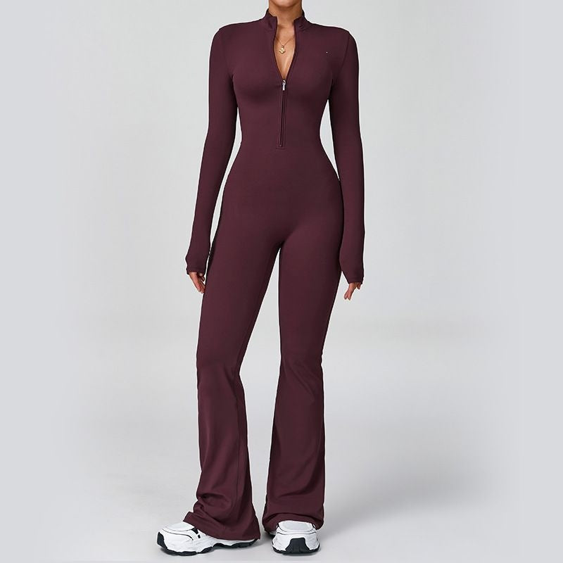 Tight Zip Up Dance Yoga Jumpsuit Flared Pants