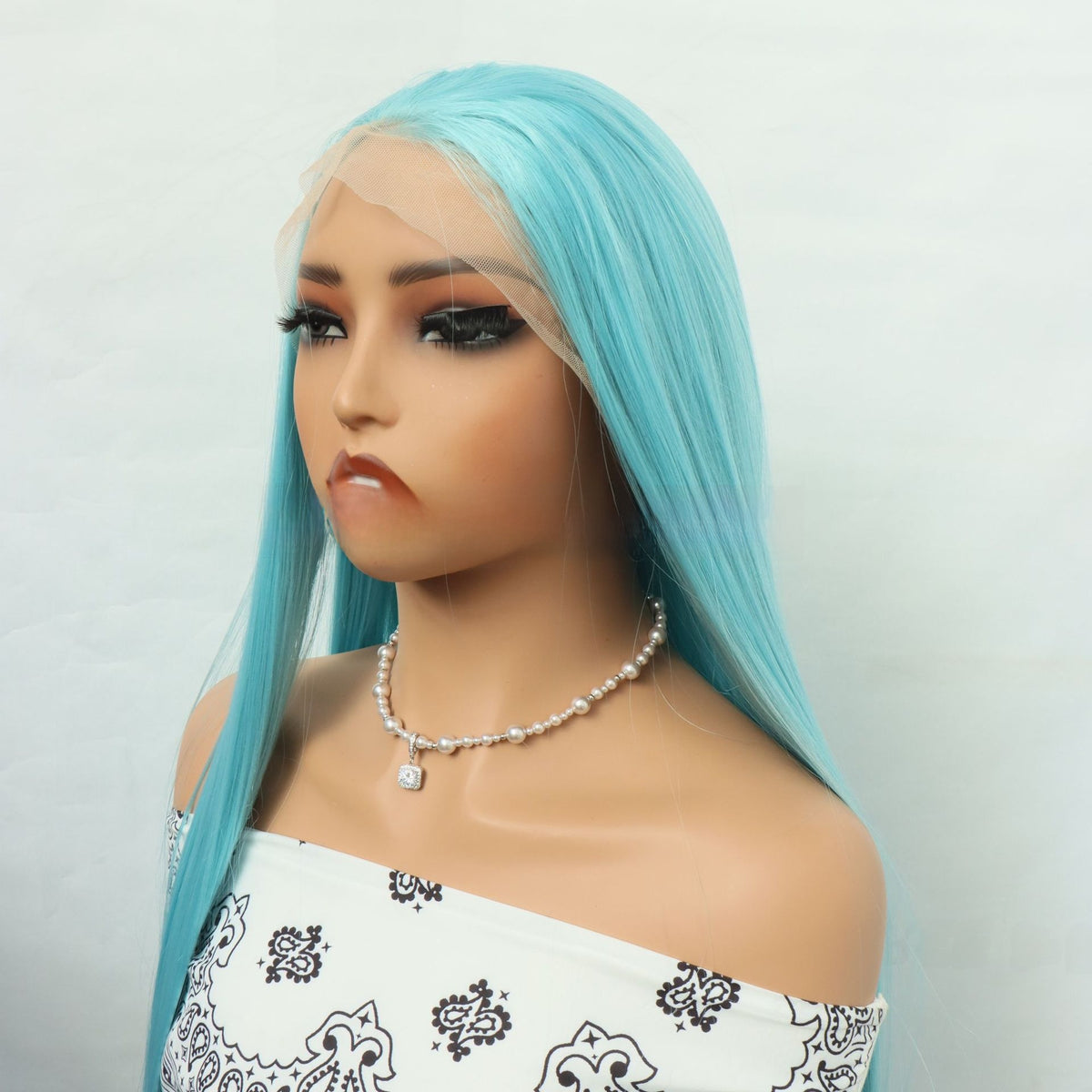 Front Lace Hand Knotted Wig Blue Long Straight High Temperature Fiber