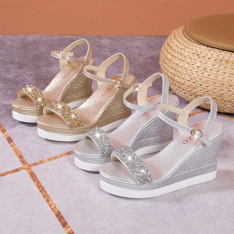Rhinestone Open-Toe Wedge Sandals