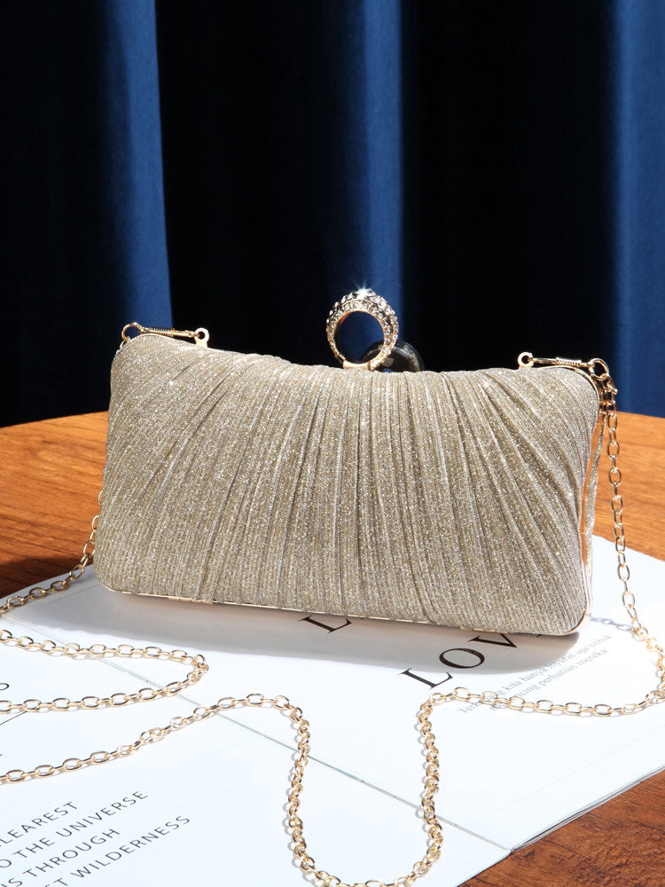 Pleated Shimmer Evening Clutch Bag with Ring Detail