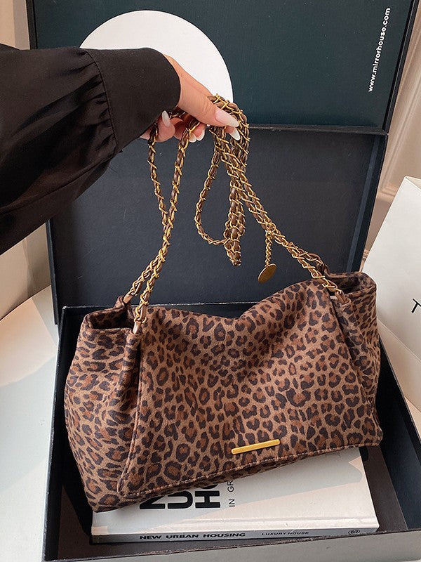 Leopard Print Suede Tote Bag with Chain Strap