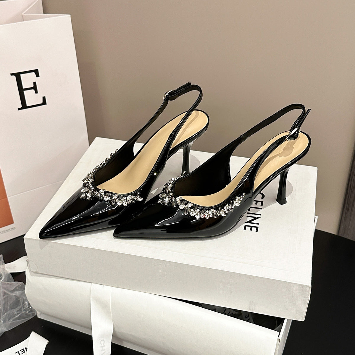Rhinestone Stiletto Heel Pointed Toe Satin Open Back Sandals for Women