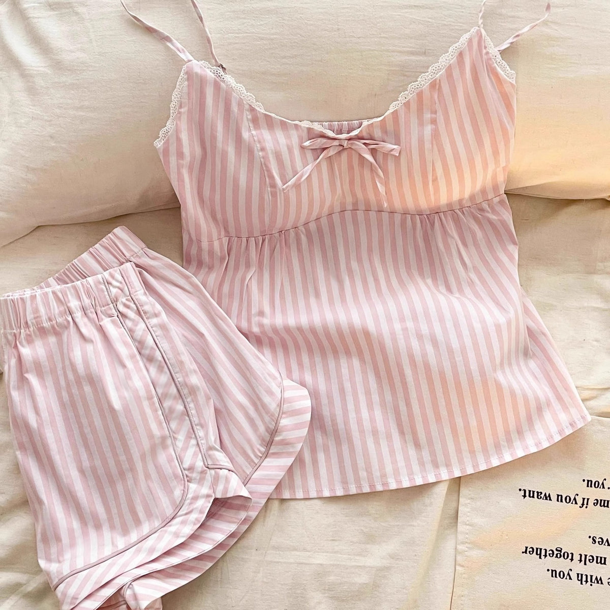 Pink Striped Bow Pajama Set for Women