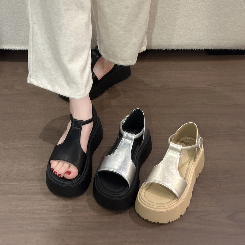 Genuine Leather Platform Sandals for Short Women, Open-Toe Beach Roman Shoes